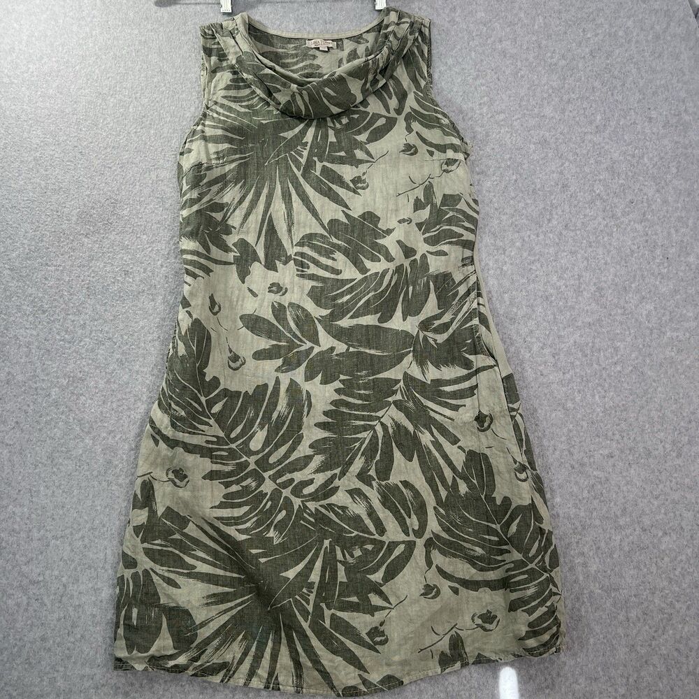 Lina Tomei Italy 100% Linen Dress M Shift Sleeveless palm pattern green